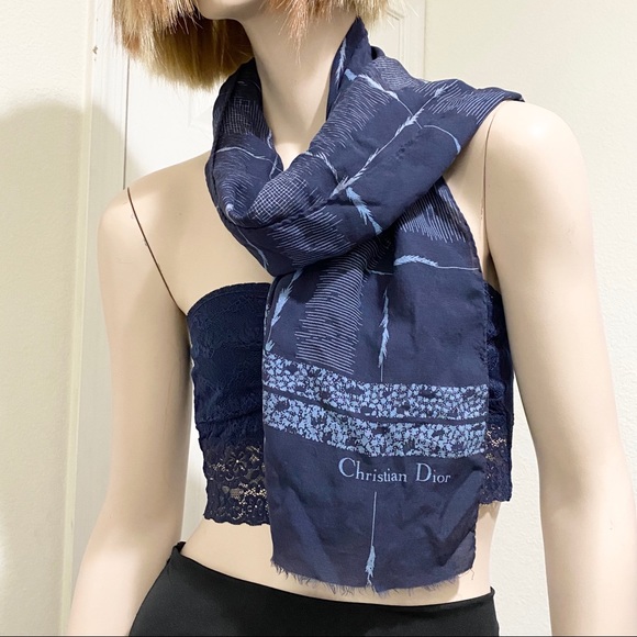 Vintage Christian Dior Navy Printed Raw Hem Scarf - Picture 4 of 10